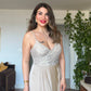SEQUINED SLIT DETAIL EVENING DRESS – BEİGE