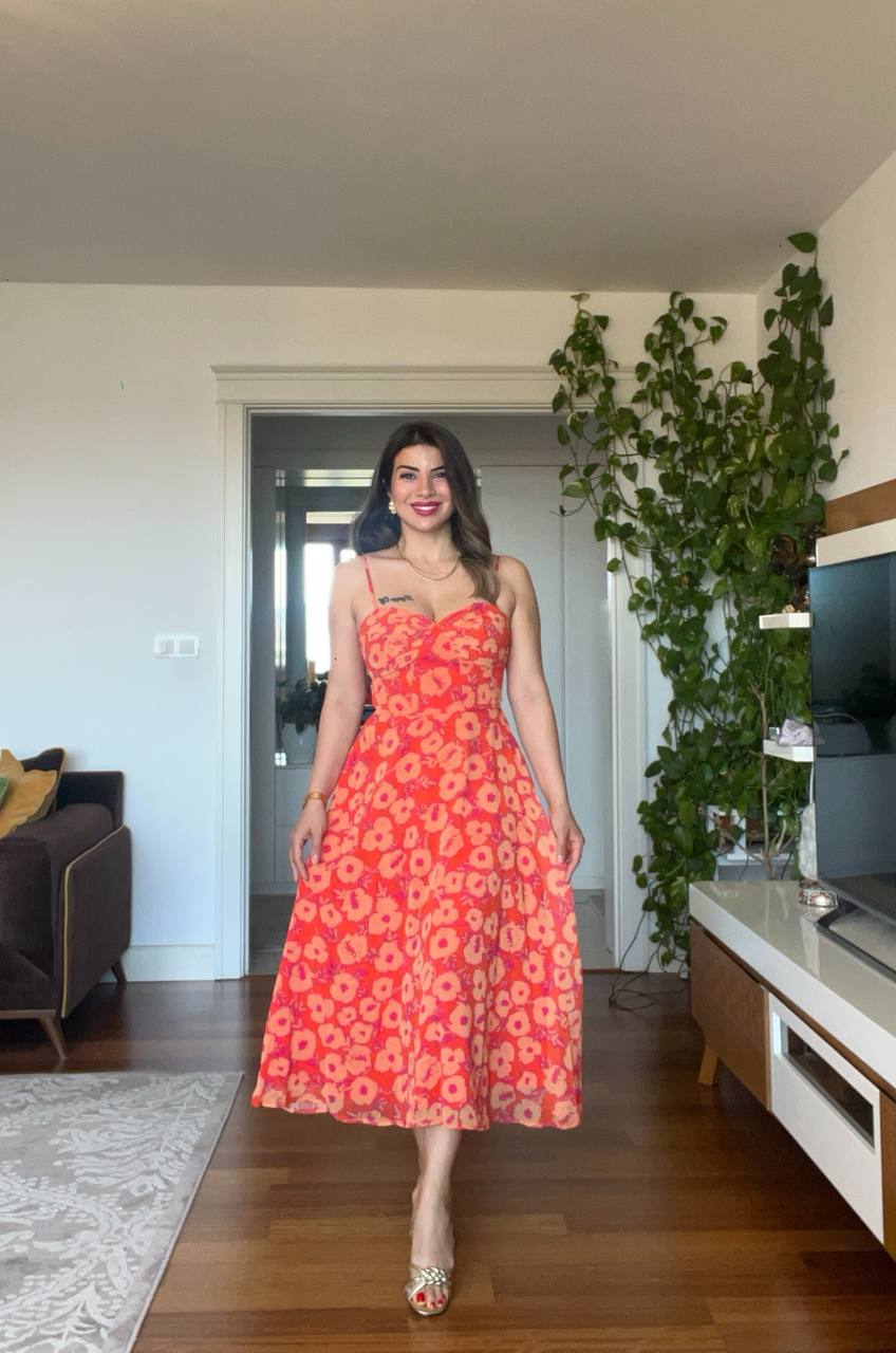 FLORAL PATTERNED STRAP DRESS - ORANGE