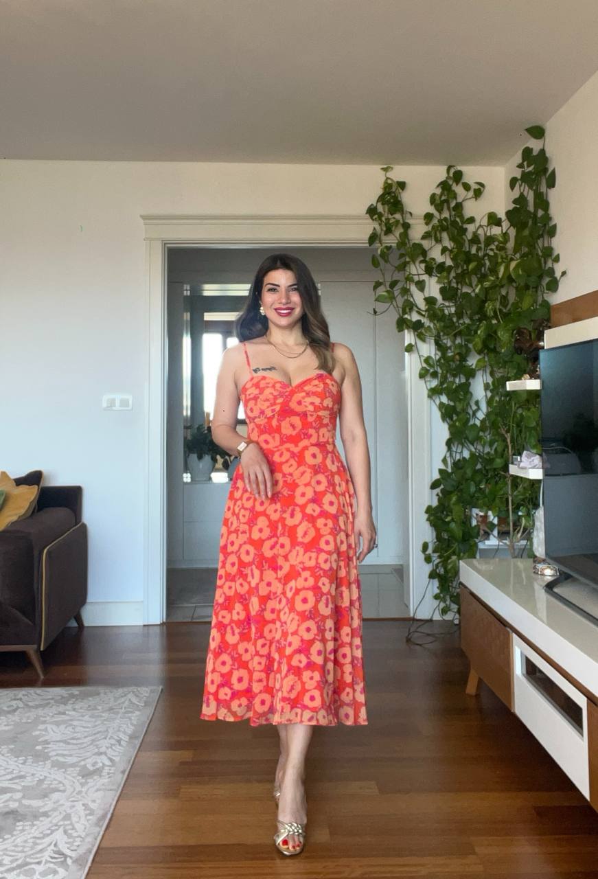 FLORAL PATTERNED STRAP DRESS - ORANGE