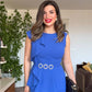 MIDI DRESS WITH PEARL BUCKLE & PEPLUM DETAIL - SAX BLUE