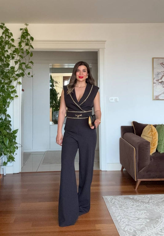 CHAIN DETAIL WRAP-NECK JUMPSUIT - BLACK