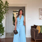 GOLD BUTTON DETAIL WIDE-LEG SUIT - BABY BLUE