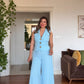 GOLD BUTTON DETAIL WIDE-LEG SUIT - BABY BLUE