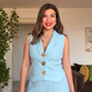 GOLD BUTTON DETAIL WIDE-LEG SUIT - BABY BLUE