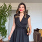 WRAP V-NECK MIDI DRESS WITH FLORAL EMBELLISHMENTS - BLACK