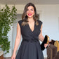 WRAP V-NECK MIDI DRESS WITH FLORAL EMBELLISHMENTS - BLACK