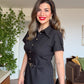 BELTED BUTTON-DOWN DRESS - BLACK
