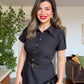 BELTED BUTTON-DOWN DRESS - BLACK