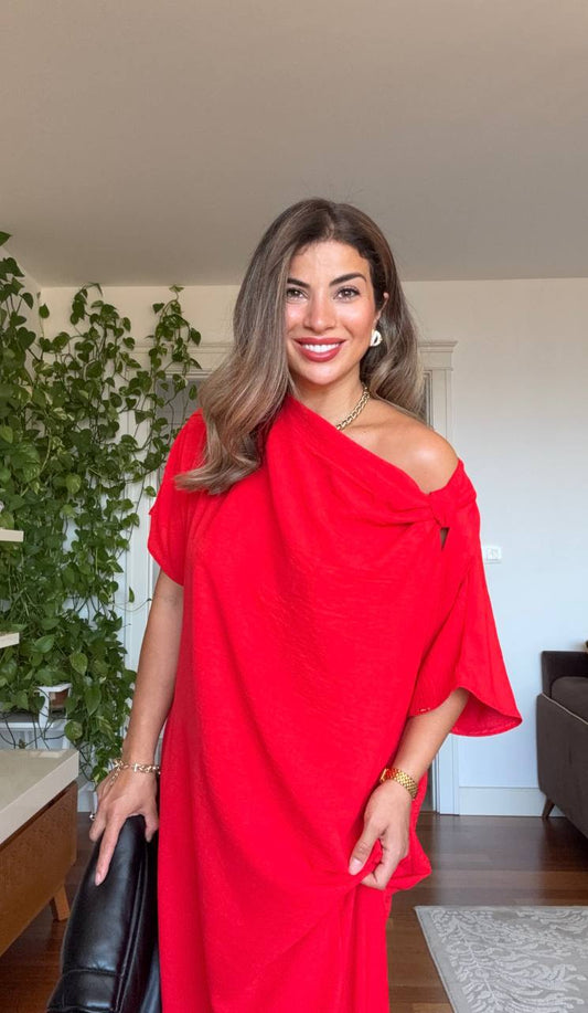 ASYMMETRICAL ONE-SHOULDER MAXI DRESS – RED