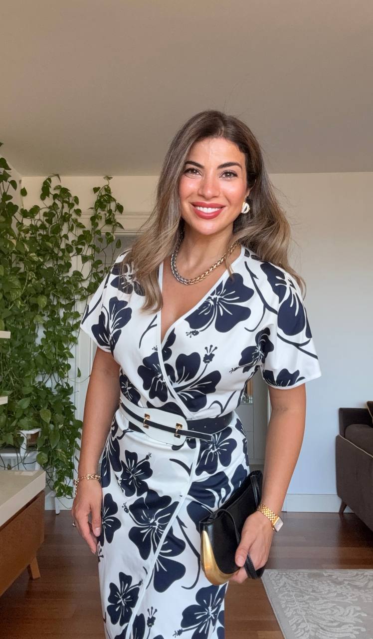 NAVY FLORAL BELTED V-NECK DRESS