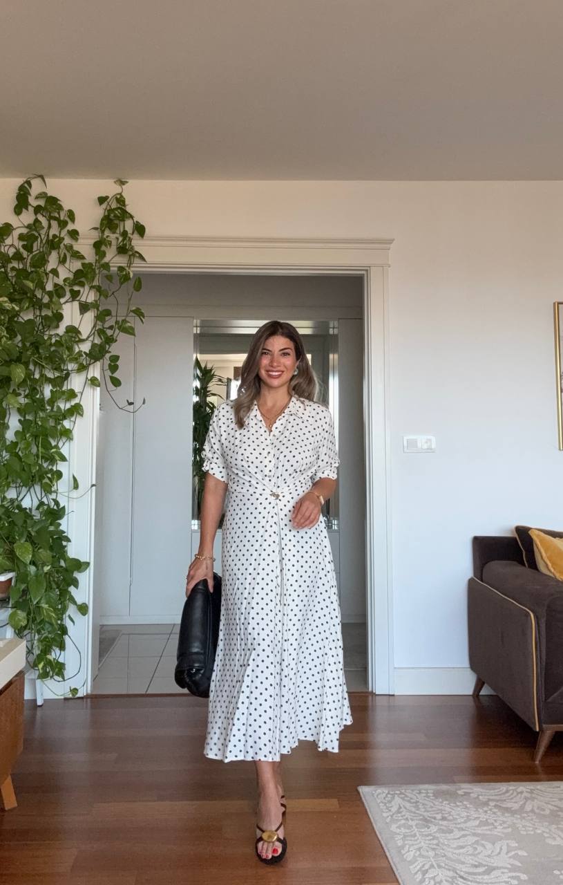 BLACK POLKA DOT BUTTON-DOWN MIDI DRESS