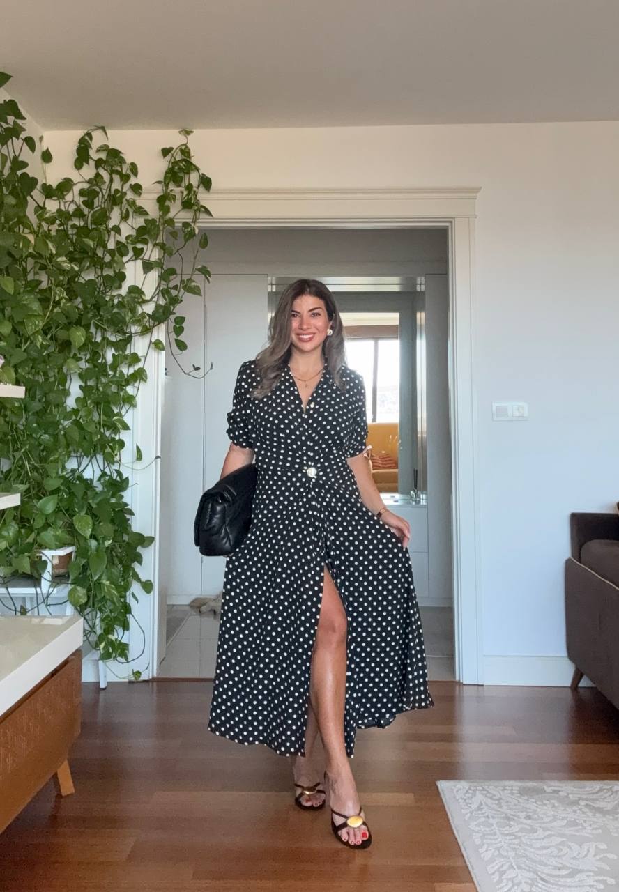 WHİTE POLKA DOT BUTTON-DOWN MIDI DRESS
