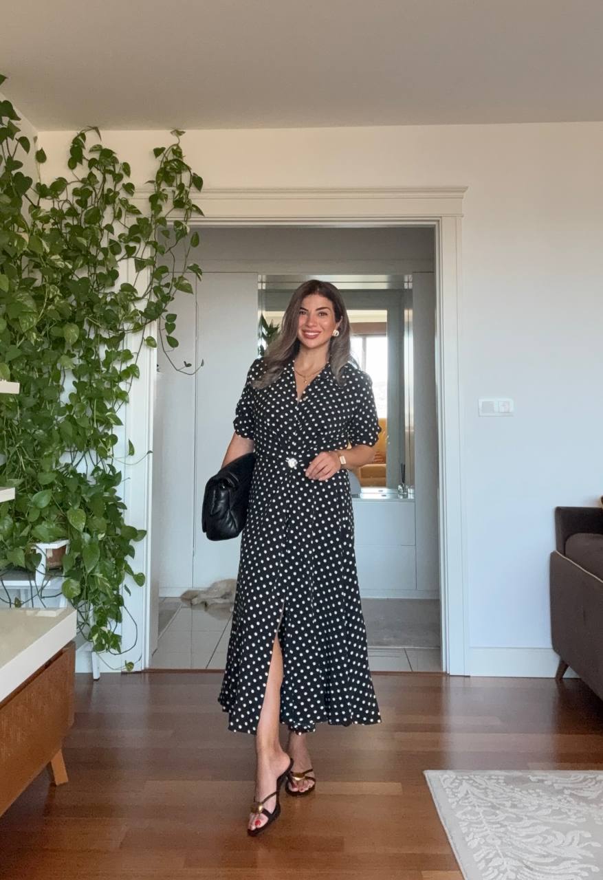 WHİTE POLKA DOT BUTTON-DOWN MIDI DRESS