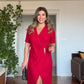GOLD DETAILED WRAP-STYLE SHORT SLEEVE MIDI DRESS - BURGUNDY