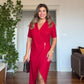 GOLD DETAILED WRAP-STYLE SHORT SLEEVE MIDI DRESS - BURGUNDY
