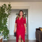 GOLD DETAILED WRAP-STYLE SHORT SLEEVE MIDI DRESS - BURGUNDY