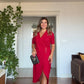 GOLD DETAILED WRAP-STYLE SHORT SLEEVE MIDI DRESS - BURGUNDY