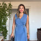SATIN-EFFECT BELTED WRAP DRESS – BLUE