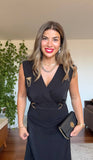 SATIN-EFFECT BELTED WRAP DRESS – BLACK