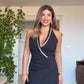 EMBELLISHED WRAP V-NECK DRESS – BLACK