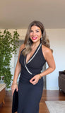 EMBELLISHED WRAP V-NECK DRESS – BLACK