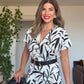 LEAF PRINTED BELTED TWO-PIECE SET - BLACK & WHITE