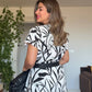 LEAF PRINTED BELTED TWO-PIECE SET - BLACK & WHITE