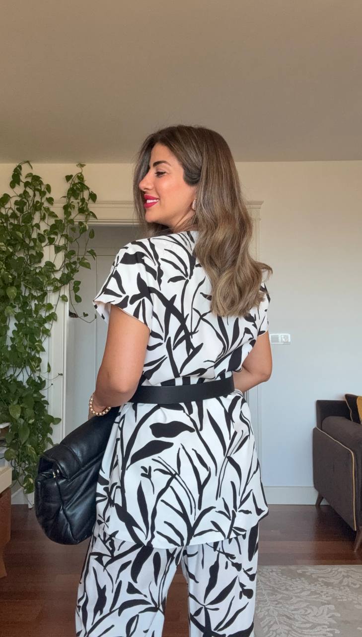 LEAF PRINTED BELTED TWO-PIECE SET - BLACK & WHITE