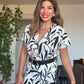 LEAF PRINTED BELTED TWO-PIECE SET - BLACK & WHITE