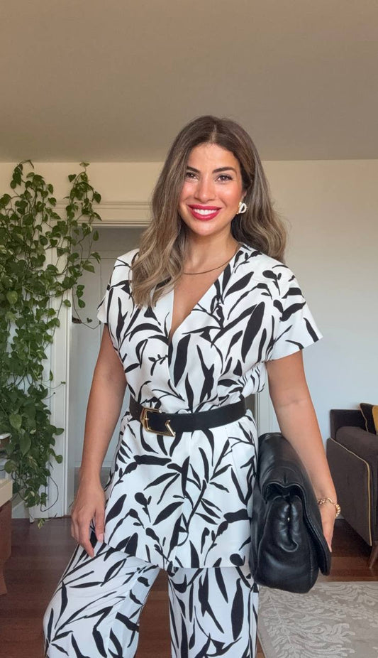 LEAF PRINTED BELTED TWO-PIECE SET - BLACK & WHITE