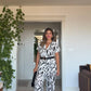LEAF PRINTED BELTED TWO-PIECE SET - BLACK & WHITE