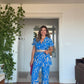 LEAF PRINTED BELTED TWO-PIECE SET - BEIGE & BLUE