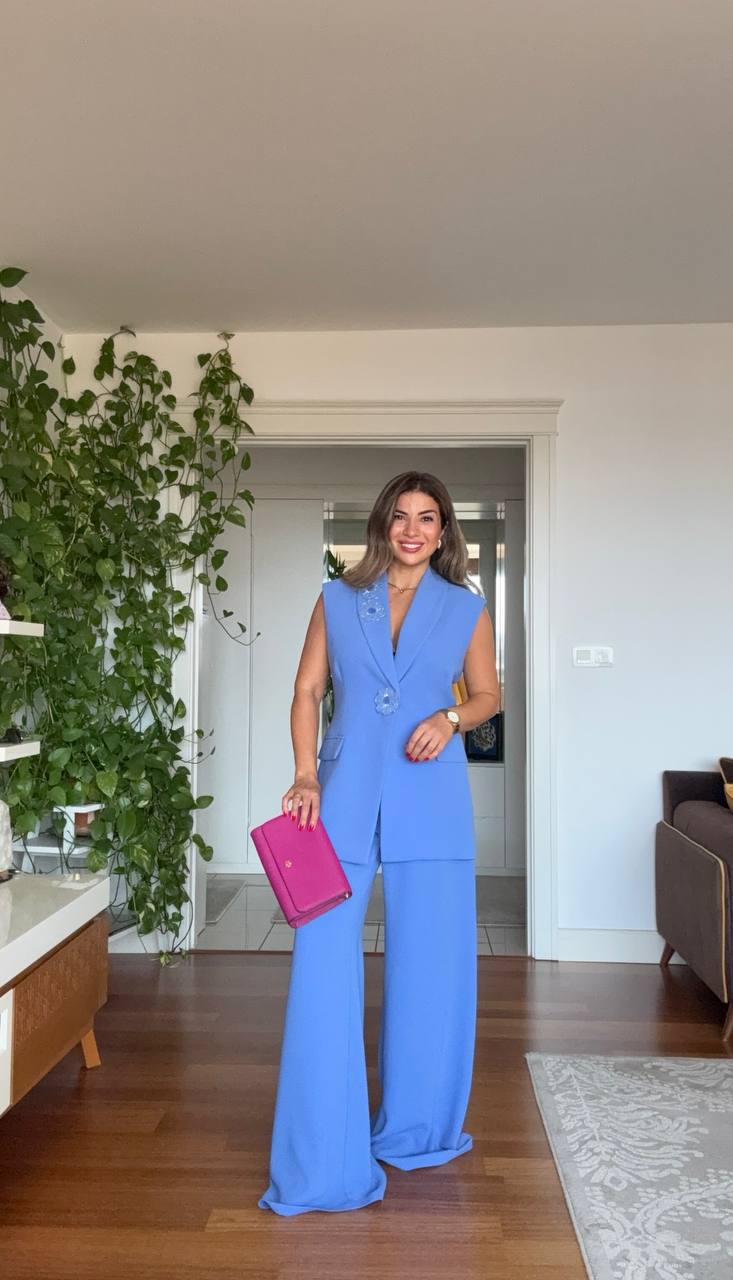 SLEEVELESS BLAZER & PALAZZO PANTS SET - BABY BLUE