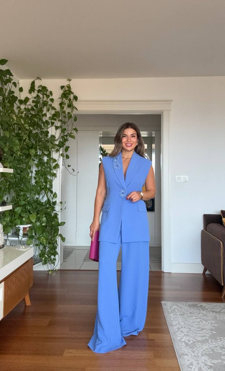 SLEEVELESS BLAZER & PALAZZO PANTS SET - BABY BLUE
