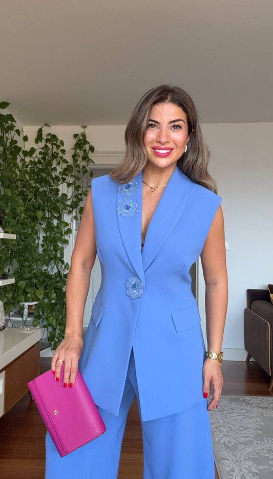 SLEEVELESS BLAZER & PALAZZO PANTS SET - BABY BLUE