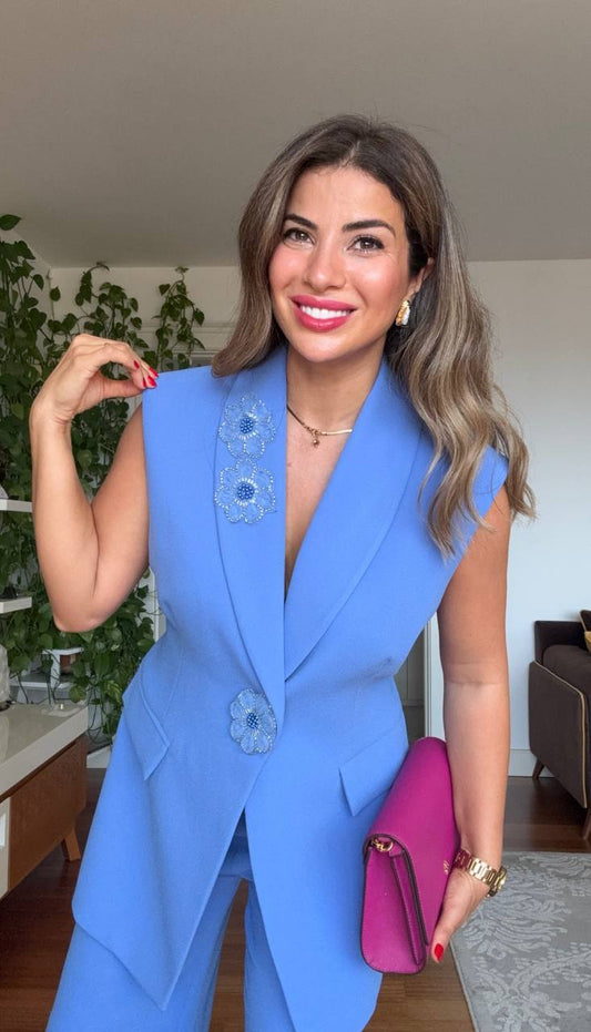 SLEEVELESS BLAZER & PALAZZO PANTS SET - BABY BLUE