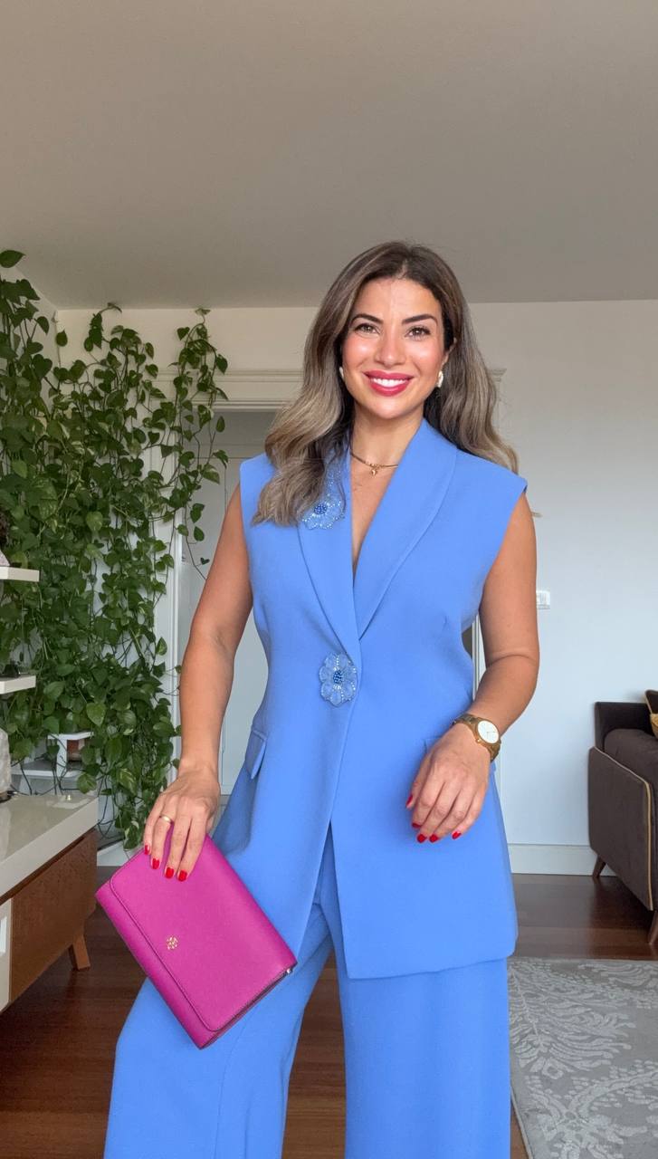 SLEEVELESS BLAZER & PALAZZO PANTS SET - BABY BLUE