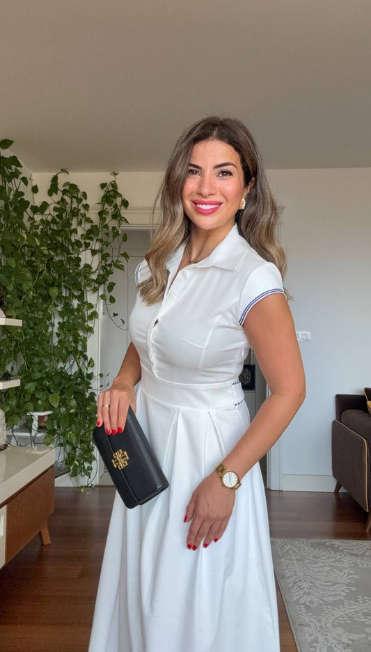 SHIRT COLLAR DRESS WITH SLEEVE DETAIL - WHITE