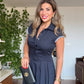 SHIRT COLLAR DRESS WITH SLEEVE DETAIL - NAVY