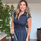 SHIRT COLLAR DRESS WITH SLEEVE DETAIL - NAVY