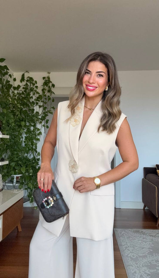 SLEEVELESS BLAZER & PALAZZO PANTS SET - BEIGE