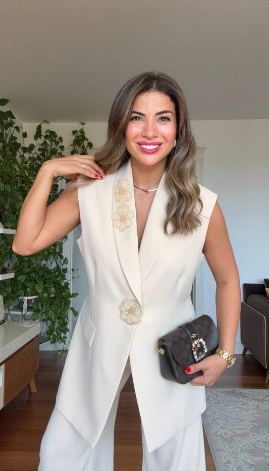 SLEEVELESS BLAZER & PALAZZO PANTS SET - BEIGE