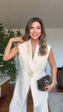 SLEEVELESS BLAZER & PALAZZO PANTS SET - BEIGE