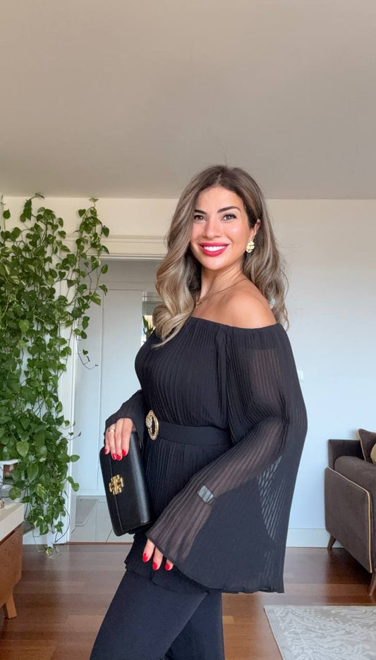 PLEATED OFF-SHOULDER BELTED SET – BLACK
