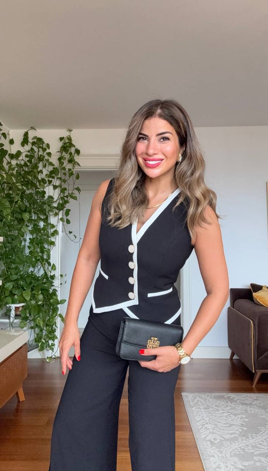 BUTTON DETAIL CONTRAST TRIM ELEGANT SUIT - BLACK