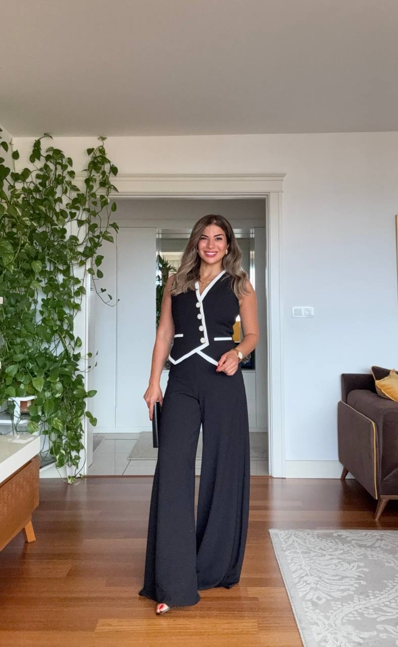 BUTTON DETAIL CONTRAST TRIM ELEGANT SUIT - BLACK