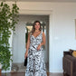 LEAF PATTERNED V-NECK DRESS WITH WAIST TIE – WHİTE & BLACK