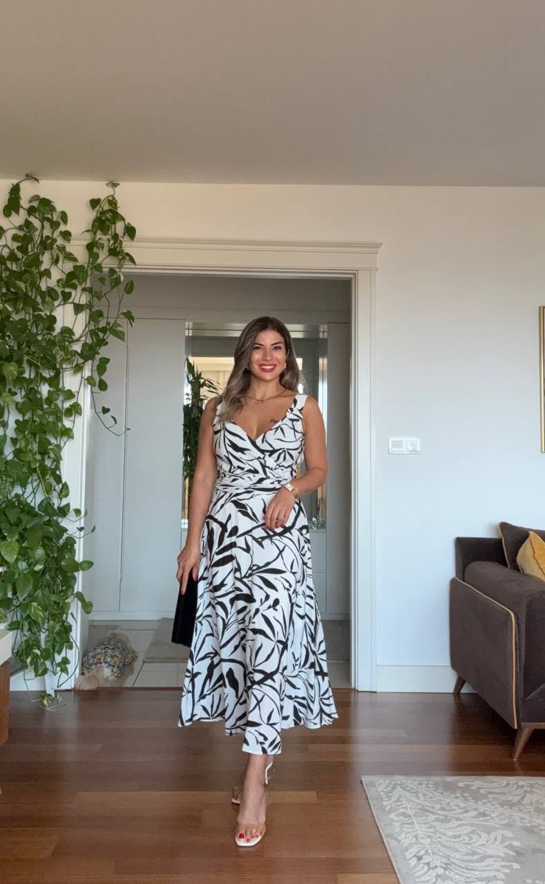 LEAF PATTERNED V-NECK DRESS WITH WAIST TIE – WHİTE & BLACK