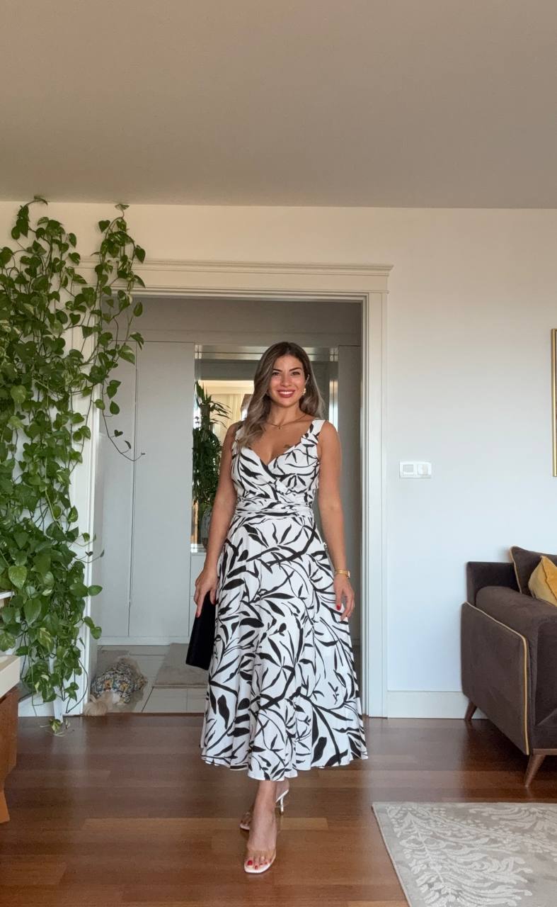 LEAF PATTERNED V-NECK DRESS WITH WAIST TIE – WHİTE & BLACK