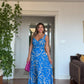 LEAF PATTERNED V-NECK DRESS WITH WAIST TIE – BLUE & BEIGE